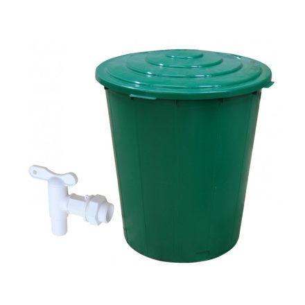 Esővíztároló tetővel+csappal, műanyag, 200/210 literes, kerek, zöld